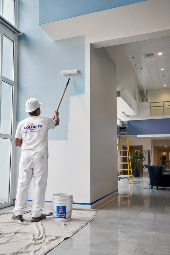 professional painter painting a modern building lobby professional painter painting a modern building lobby