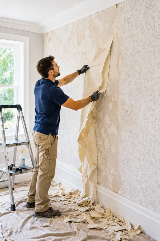 wallpaper removal in a sunlit room
